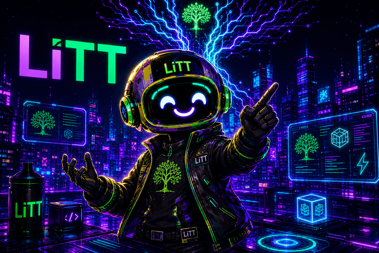 LiTT, the LiTTree AI operator, working inside a neon digital workspace