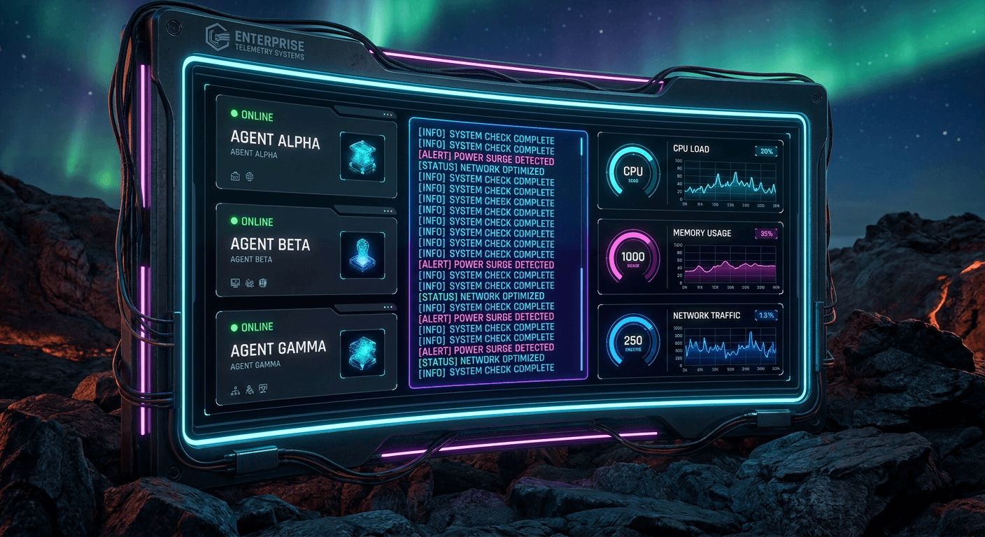 Futuristic business dashboard with operational metrics and agent status